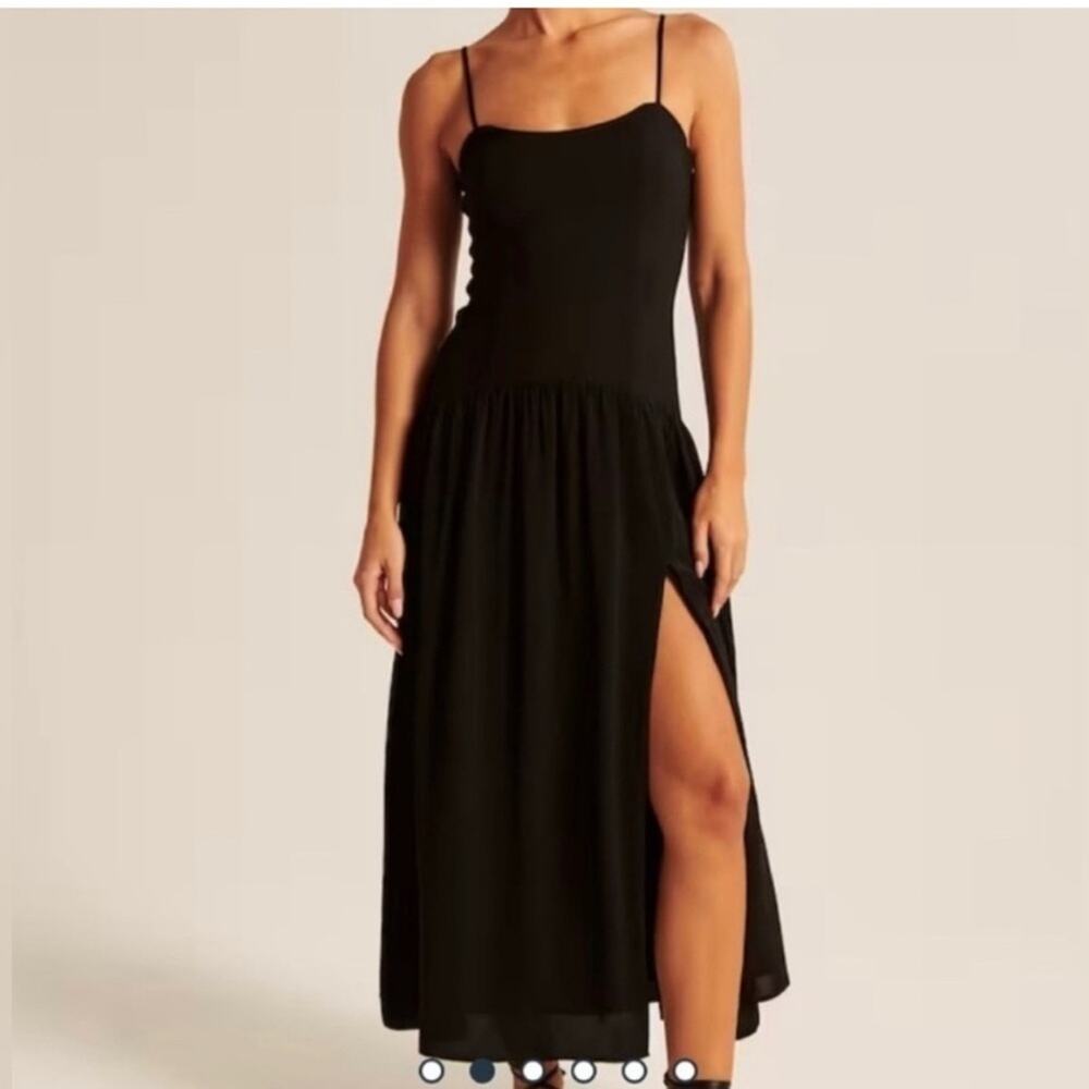Abercrombie & Fitch Mixed Fabric Drop-Waist Maxi Dress Sleeveless Black Slit S